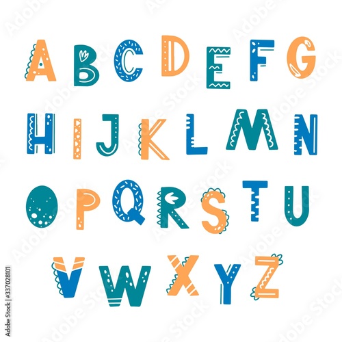 Funny kids alphabet with hand drawn elements in scandinavian style for poster, kids nursery, font, letters design. Vector illustration isolated on background.