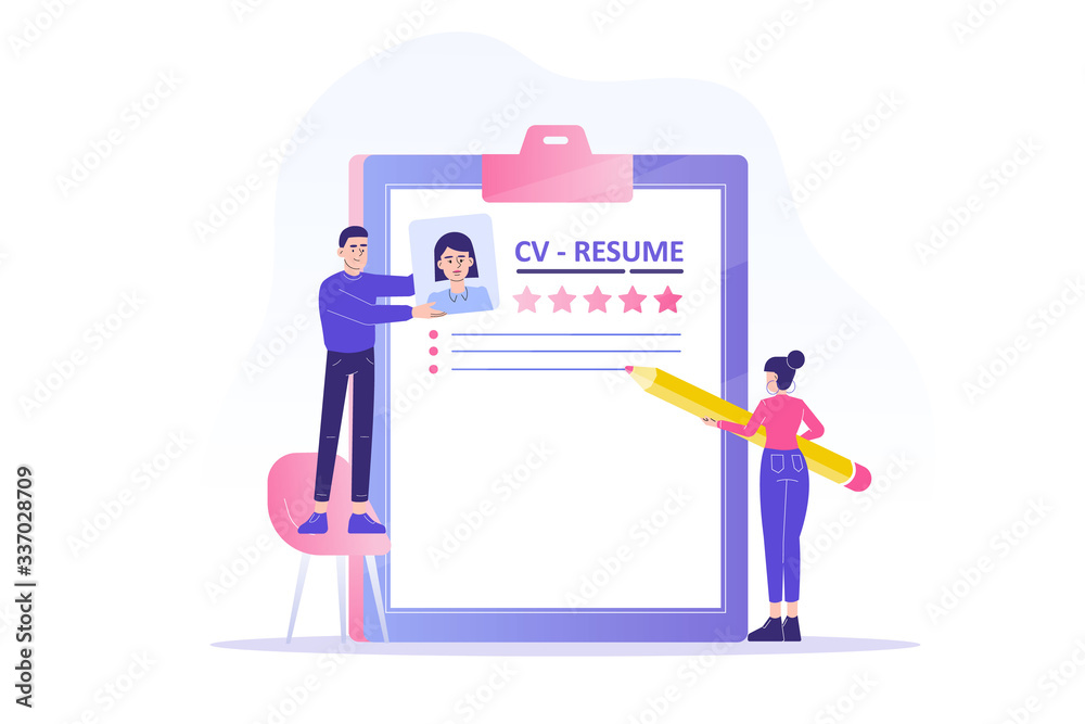 Recruitment or headhunting agency. People creating an ideal resume for job candidate with a good feedback. Concept of recruitment, headhunting and employment. CV application. Vector illustration. Recruitment or headhunting agency. People creating an ideal resume for job candidate with a good feedback. Concept of recruitment, headhunting and employment. CV application. Vector illustration.