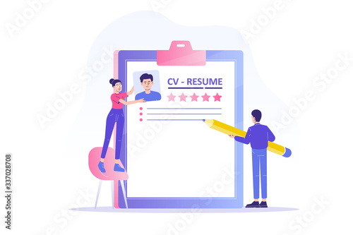 Recruitment or headhunting agency. People creating an ideal resume for job candidate with a good feedback. Concept of recruitment, headhunting and employment. CV application. Vector illustration.