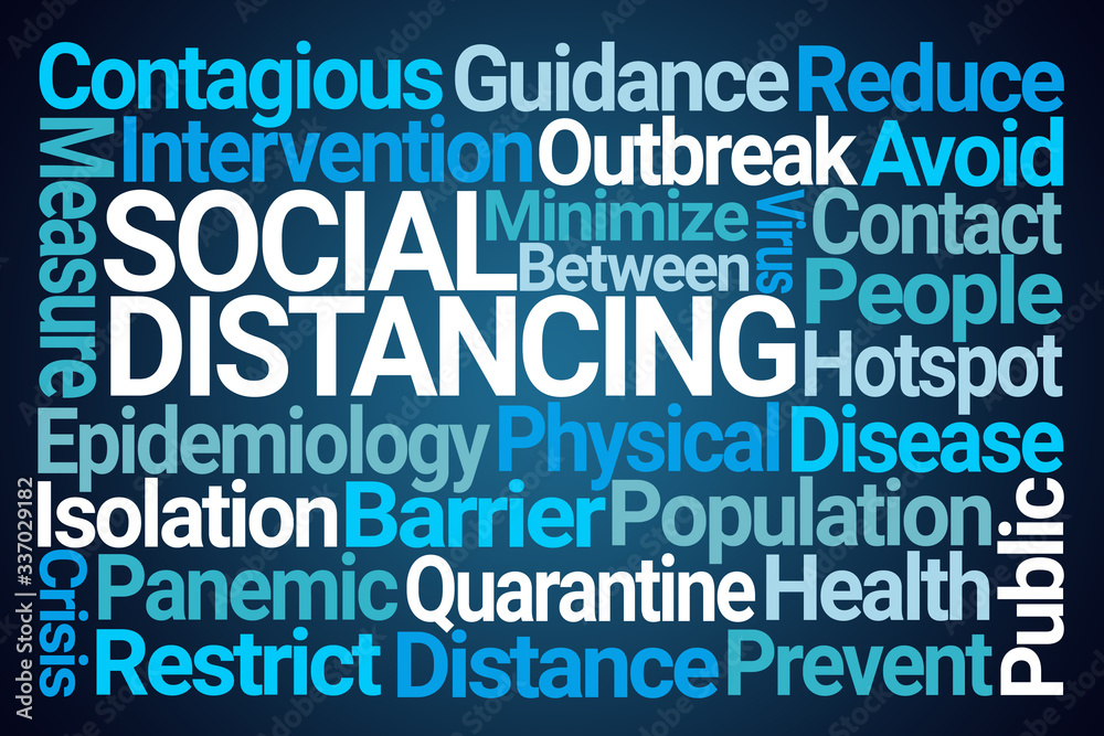 Social Distancing Word Cloud on Blue Background Social Distancing Word Cloud on Blue Background