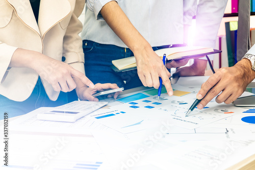 Background of teamwork professional business man woman work on conference meeting discuss plan consult advice sale economic marketing strategy share idea presenting with graph document in the office