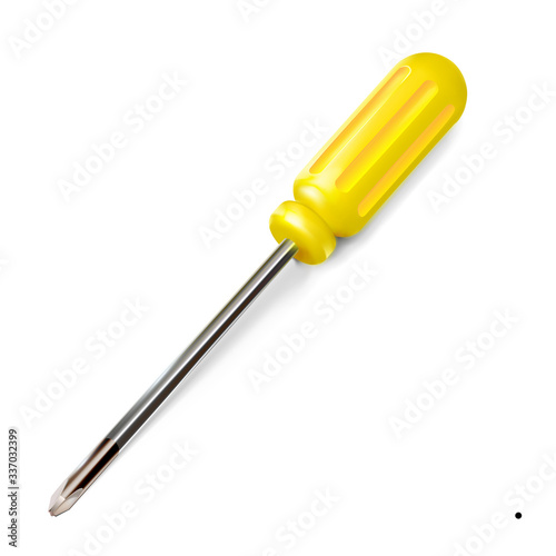Yellow professional realistic screwdriver with a plastic handle. isometric 3d construction tool isolated on white background. Vector illustration. Cruciform for repair and construction.