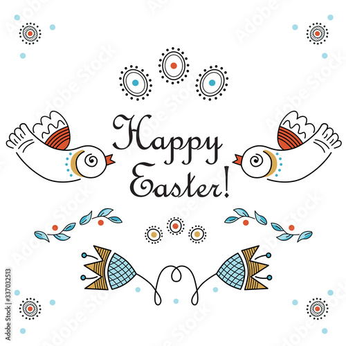 Vector decorative happy easter square illustration, color drawings of eggs, birds, flowers, line art, hygge style. Folk vintage embroidery, ornament on a white background.