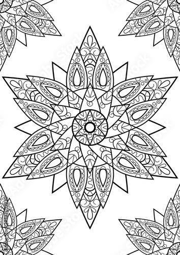 Indian mandala coloring book, black and white vector ornament on vertical page. Adult coloring page