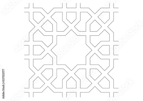 Black and white 2D CAD drawing of Islamic pattern. Islamic patterns use elements of geometry that are repeated in their designs.