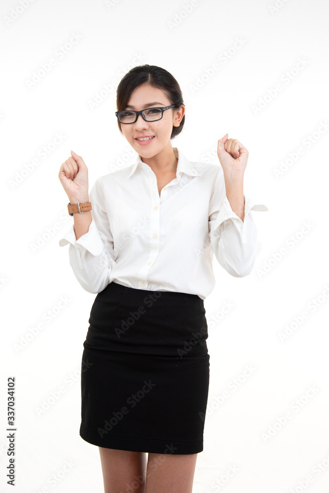 Beautiful success young asian business woman wearing glasses dress white collar without suit act smiling happy gesture posing isolated on white background. Beautiful success young asian business woman wearing glasses dress white collar without suit act smiling happy gesture posing isolated on white background.