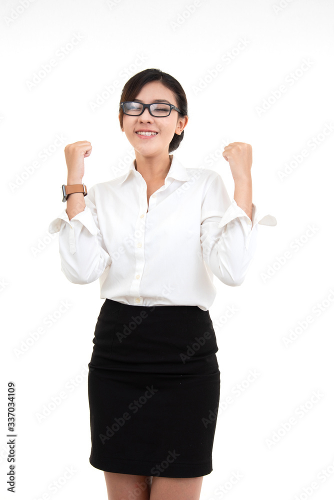 Beautiful success young asian business woman wearing glasses dress white collar without suit act smiling happy gesture posing isolated on white background. Beautiful success young asian business woman wearing glasses dress white collar without suit act smiling happy gesture posing isolated on white background.