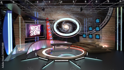 Virtual TV Studio Talkshow 1. 3d Rendering. This background was created in high resolution with 3ds Max-Vray software. You can use it in your virtual studios.