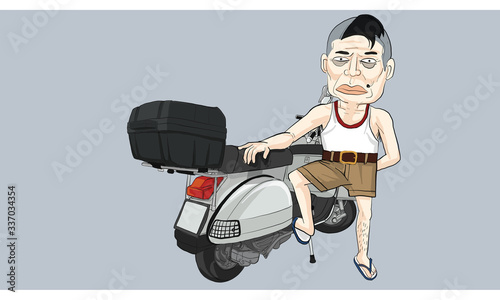 man in variety action, man standing with motocycle, vector