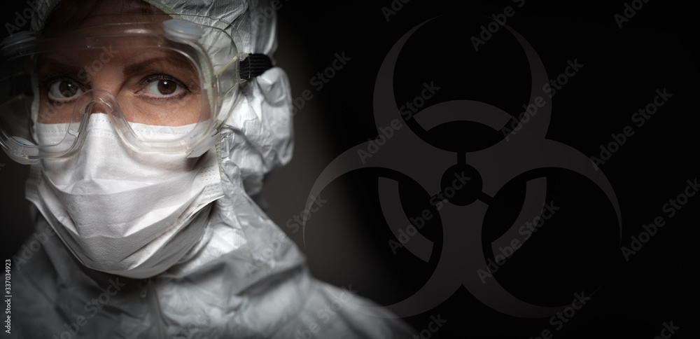 Banner of Female Doctor or Nurse In Medical Face Mask and Protective Gear With Bio-hazard Sign