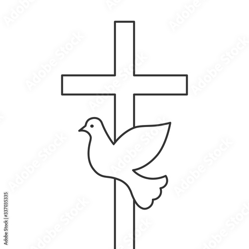 Flying dove and cross concept. Blank silhouette, outline and line art isolated on white background.