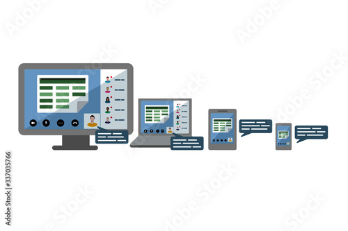 Vector illustration of screen share icon. Finance team in a video conference call.