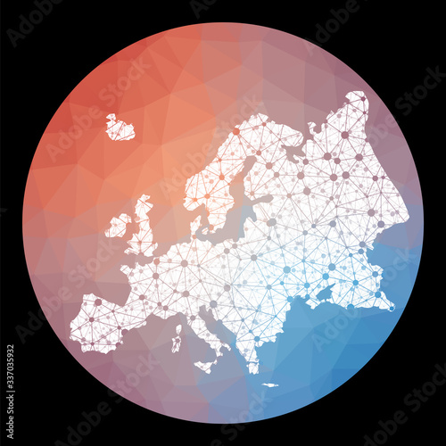 Vector network Europe map. Map of the continent with low poly background. Rounded Europe illustration in technology, internet, network, telecommunication concept style. Artistic vector illustration.