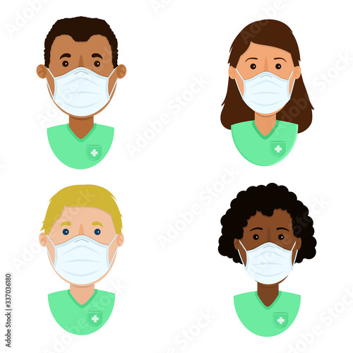 Set of health professionals with surgical mask for protection. Ethnic diversity of characters.