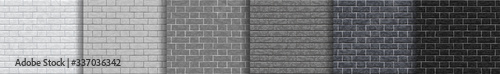 Brick wall grey seamless pattern set. Grayscale gradient brick background textures - gray, white, light, dark, black colors. Set of seamless brick gray wall texture. Vector pattern illustration.