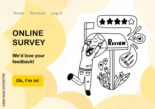 A happy client giving a positive feedback or review submitting in doodle style. Creative concept for a website landing page or email, template for online survey with a man giving a 5 star via post.