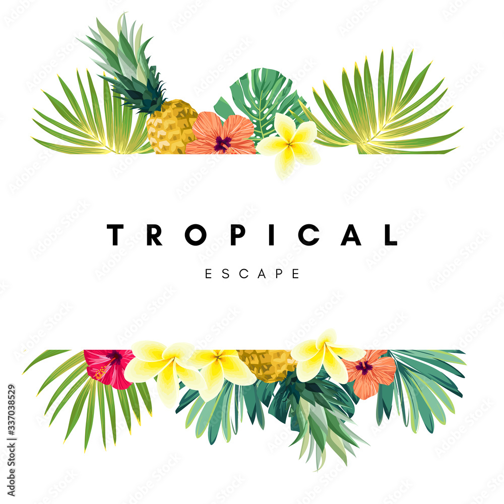Φωτογραφία Green summer tropical background with exotic monstera palm leaves, pineapples, plumeria and hibiscus flowers