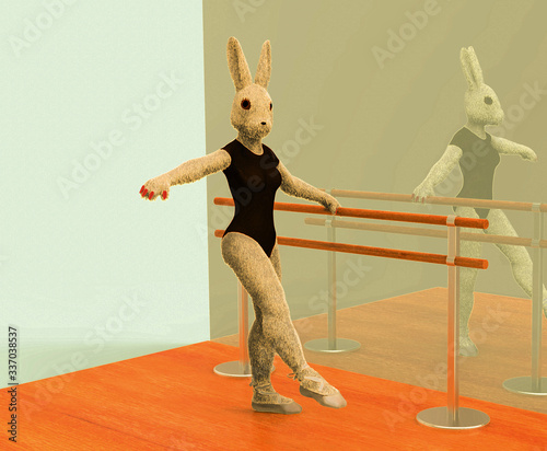 3D illustration of a bunny ballerina is engaged in choreography
