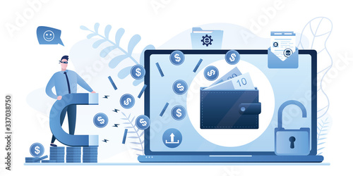 Laptop with e-wallet and hacker with big magnet attack computer. Theft of money from electronic accounts.
