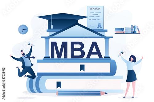Happy students holding diploma of MBA degree. Skills Improvement, Online Education concept. photo
