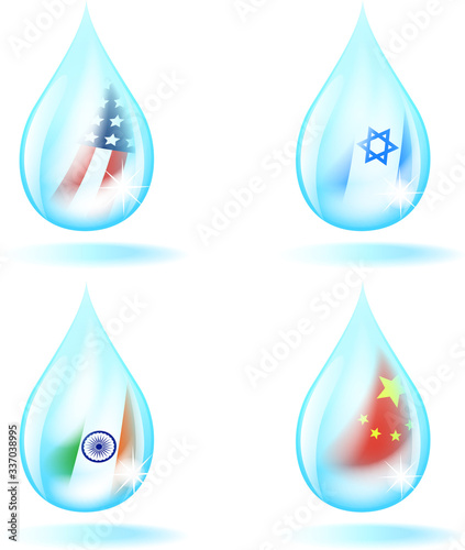 Set of ecolabels - waterdrops combined with flags reflections.