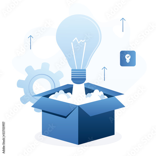 Big idea bulb  take off from open box. Startup, crowdfunding concept background. New business development,