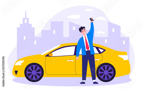 Happy young man leasing car flat vector illustration. Driver holding in hand keys to his new vehicle. Dealer making presentation for modern auto. Transport and lease concept