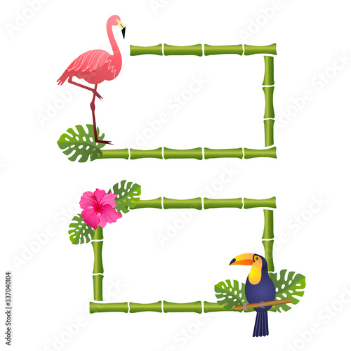 bamboo frames with flamingo,toucan, and flowers, vector illustration on a white background