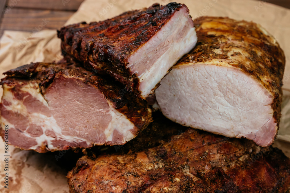 Fotografie Composition of aromatic, smoked cold cuts