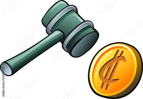 Maza de juez o martillo y moneda de oro para tus proyectos