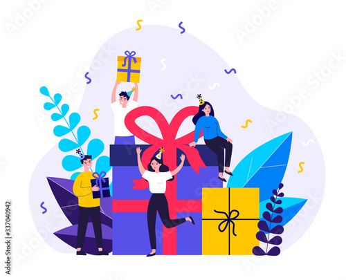 Happy friends celebrating birthday with present boxes. People giving gifts in party surprise. Vector illustration for Christmas, festive event, holiday concept