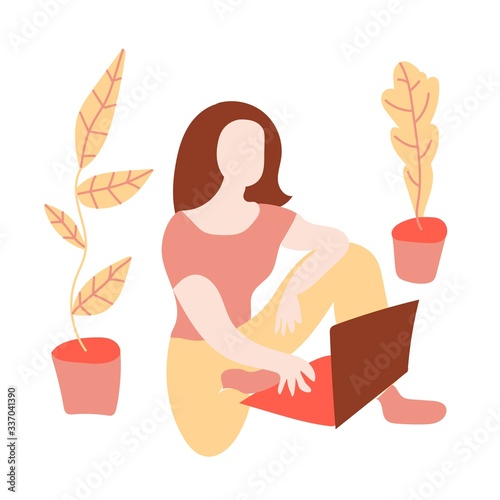 A vector woman at work with a laptop. A freelance worker working while quarantined at home in gentle tones. Design for banners,layouts,web,social networks,advertising.