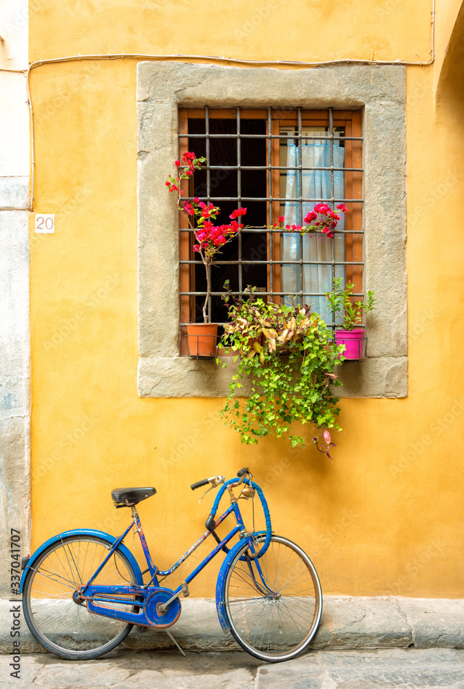 blue bike on a yellow wall with a flowered window in florence, italy
