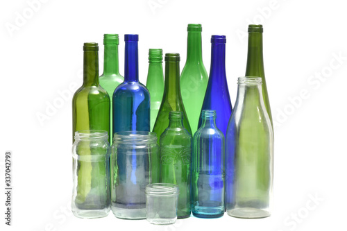 group of bottles and jars on white background