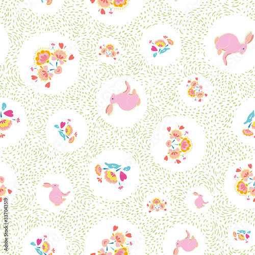 Vector cute folk art dotted easter rabbit pattern on textured background. Happy spring design. Event and holidays. Surface pattern design.