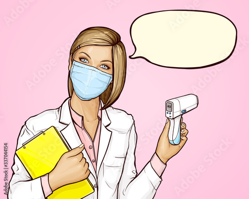 Doctor in protective medical mask with a non-contact digital infrared body thermometer and yellow book in her hands. Woman measures body temperature to check covid19. Coronavirus epidemic outbreak