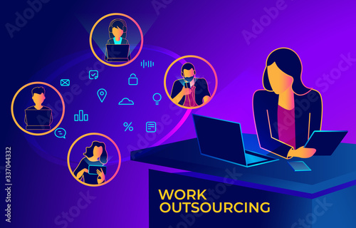 Working at home, work outsourcing concept. People at home in quarantine. Corporate businessman connecting online with his laptop and hiring freelancers.