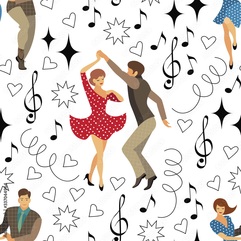 seamless pattern of retro dancers in the style of the 50s. a drawing in the style of the cartoon. it can be used for textile design and background creation. stock vector illustration. EPS 10. seamless pattern of retro dancers in the style of the 50s. a drawing in the style of the cartoon. it can be used for textile design and background creation. stock vector illustration. EPS 10.