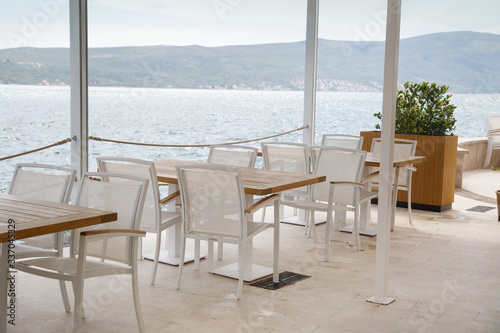 Outdoor cafe by the sea  Tivat  Montenegro.
