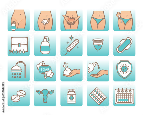 Intimate hygiene. Female personal hygiene products. Menstrual cycle. Woman critical days. Menstrual cup, Sanitary napkin, tampon