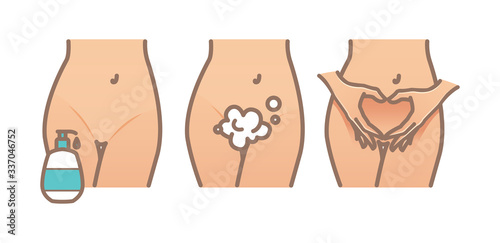 Intimate hygiene. Woman body. Female body intimate hygiene gel, cleansing foam, women hands in a gesture of heart. Vector illustration