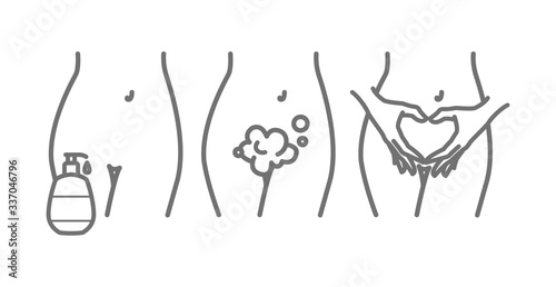 Intimate hygiene. Woman body. Female body intimate hygiene gel, cleansing foam, women hands in a gesture of heart. Vector line illustration