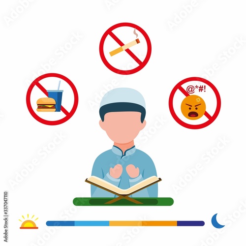 Muslim activity in holy month ramadan, ramadan fasting rules in flat illustration editable vector isolated in white background