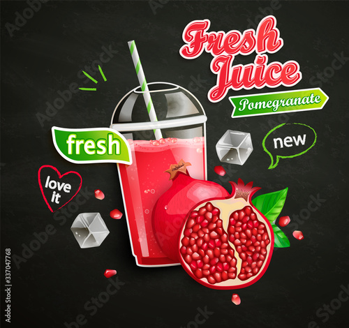 Fresh pomegranate juice banner with ice, fruit on blackboard background for brand,logo, template,label,emblem,store,packaging,advertising.Vector illustration