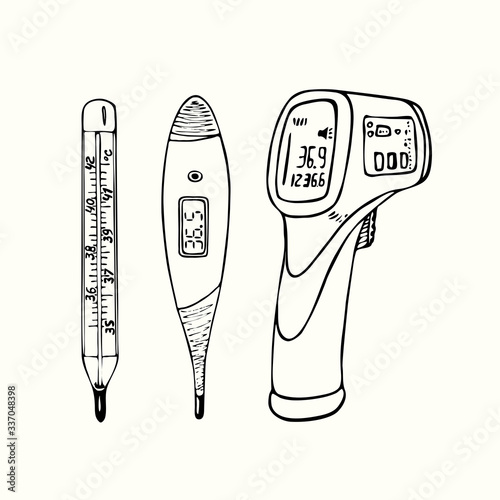 Mercury, digital and  non contact infrared forehead thermometer, hand drawn doodle sketch, isolated vector illustration