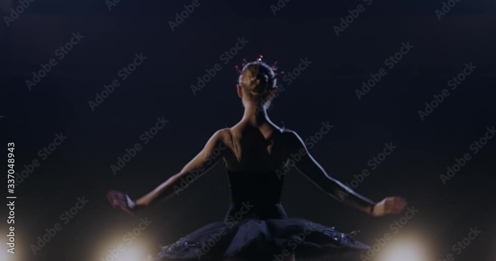 Back view on graceful young female ballerina in black tutu dancing charmingly and doing pas in light of blue light projectors on stage of theater. Rear on woman dancer of ballet in lamps lights.