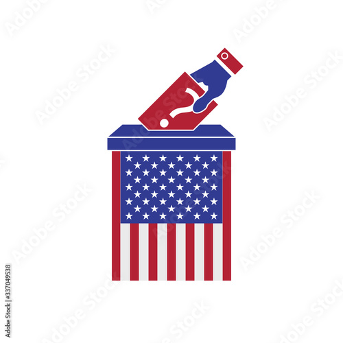 Hand putting voting ballot into vote box. Voting concept. The US presidential election 2020. Vector illustration