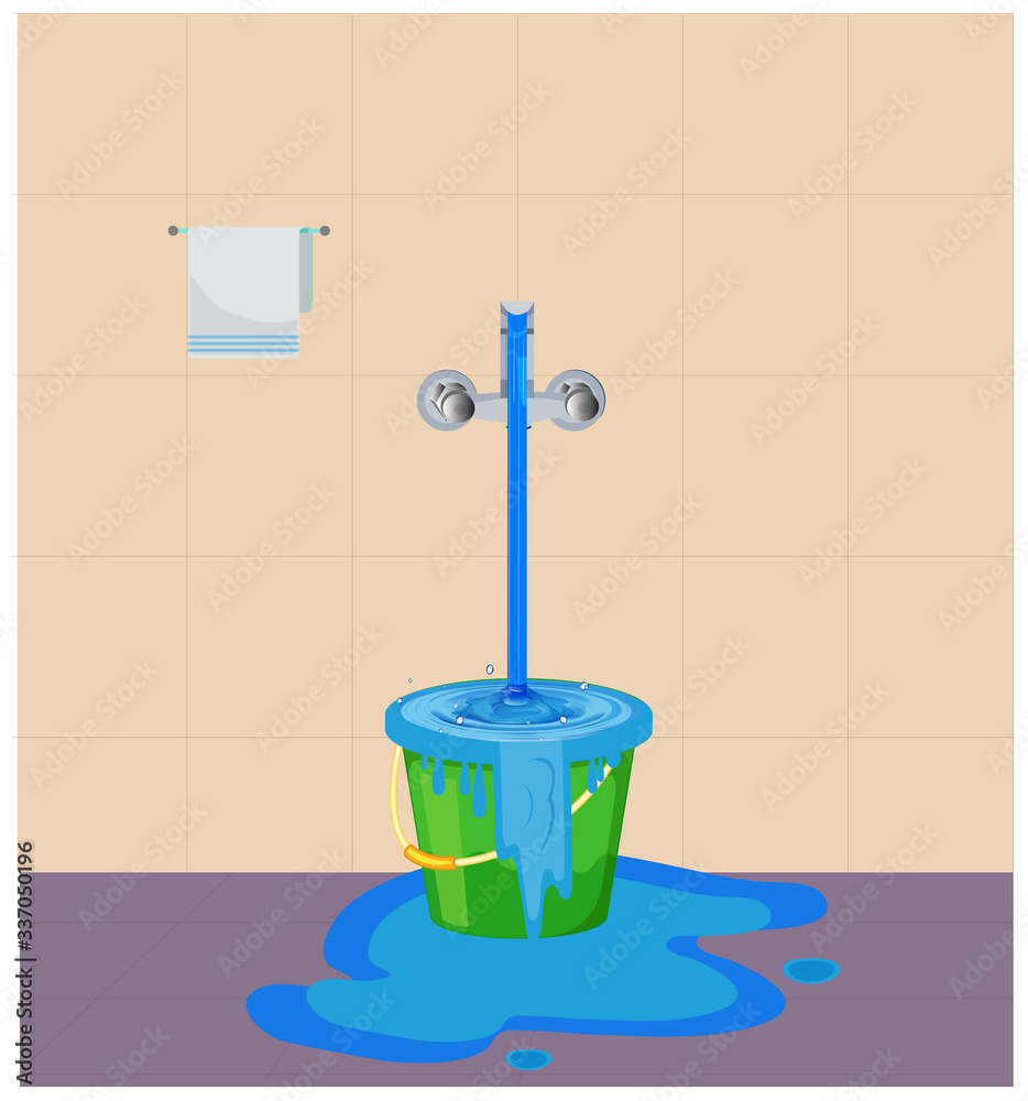 Wastage of water theme. Wastage of water from running tap as bucket is