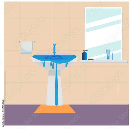 Wastage of water theme. Wastage of water from running tap as sink is overflow with the water. Wastage of water drop from overflowing sink and spreading on the floor.