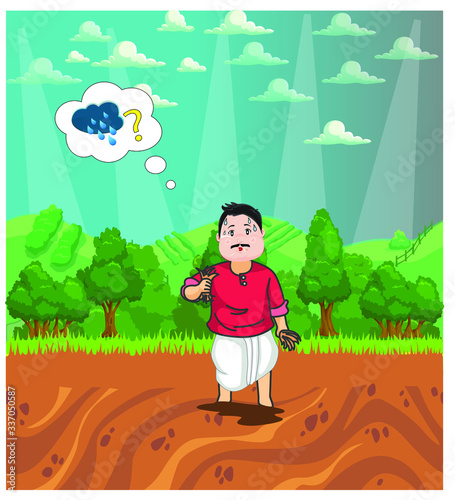 Farmer sadly wearing for rain as farmer can't start farming without water. character design of farmer thinking about rain for farming. Landscape design of crops farming vector illustration.